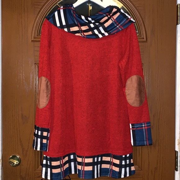 Alaster Queen Brushed Red & Plaid Contrast Cowl Neck Elbow Patch Sweater Dress - Picture 13 of 16